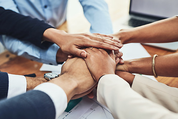 Image showing Trust, support and unity by a team of hands starting a business together. Community, partners and teamwork with a group of excited, diverse professionals with an idea, vision or goal for a startup