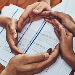 Image showing Hands form a circle together for teamwork, community and collaboration of business team. Above view of workers showing a trust and unity hand gesture. Office support of group of colleagues