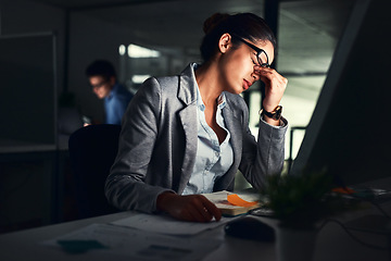Image showing Stressed business woman working late on a computer in an office at night. Young worried entrepreneur feeling tired while struggling with burnout, eye strain and a headache from deadlines and pressure