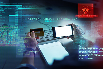 Image showing Cyber security, hacking and fraud with a computer hacker holding a credit card and phone while cloning a bank account. Theft, crime and data protection with CGI, special effects or overlay background