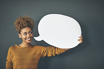 Image showing Woman holding speech bubble, chat board and blank copy space poster for voicing opinions, talking on social media or sharing ideas. Creative speaking about marketing strategy, innovation or vision