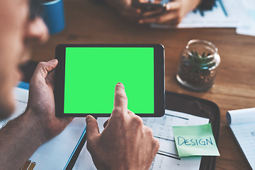 Image showing Advert for marketing with a green screen, chroma key and copy space. Creative digital networking on a tablet with a business man in a meeting. Professional designer discussing vision for new design