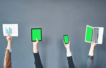 Image showing Green screen, copy space and chroma key on phone, laptop and tablet for data analysis website, marketing and promotion. Hands of group of marketing agents using paperwork for social media advertising