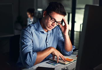 Image showing Tired, overworked and exhausted business man feeling stress, anxiety and pressure while suffering with a headache or migraine and working late. Male employee doing overtime to meet a work deadline