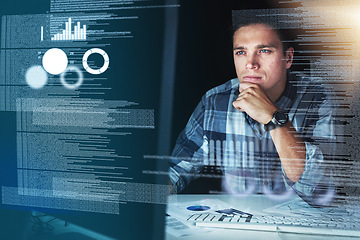 Image showing Computer programmer, software developer, or engineer working on computer database with futuristic CGI graphic data. Male information technology coder or a IT programmer coding company cyber security