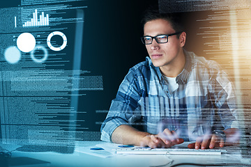 Image showing Male it computer worker working on a future hologram cgi screen at his office desk. Tech designer using technology to test new, abstract and innovation data. Web developer work on a digital code