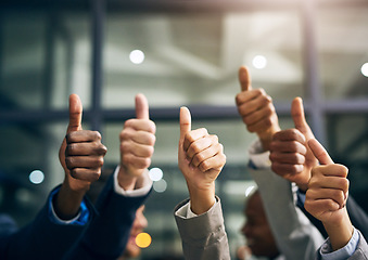 Image showing Hands showing thumbs up with business men endorsing, giving approval or saying thank you as a team in the office. Closeup of corporate professionals hand gesturing in the positive or affirmative