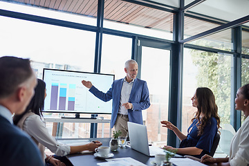 Image showing Presentation, meeting and planning with a senior business man talking to his strategy team in the boardroom at work. Training in a workshop or seminar with professional and corporate colleagues