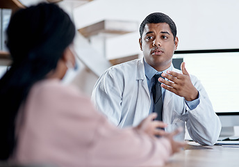 Image showing Doctor talking to patient in medical consultation, checkup and consult in clinic, hospital and healthcare center. Professional, gp and specialist worker explaining symptoms and side effects to woman