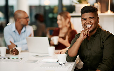 Image showing Excited, ambitious and motivated business man in team meeting, group training and strategy discussion in office boardroom. Portrait of smiling, happy and inspired creative with an innovation vision