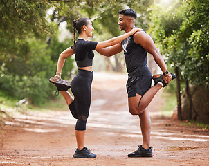 Image showing Fitness, active and healthy couple stretching, exercising or training together outside park. Sporty and supportive man and woman preparing for workout exercise, warmup routine or jogging in nature