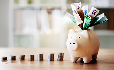 Image showing Banking, finance and investment in piggybank for future savings, budget and insurance on a table. Closeup of tool to save with cash notes and coins from investing for the future and financial growth