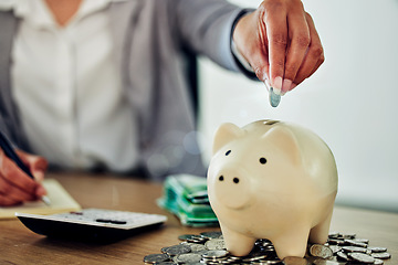 Image showing Banking, finance and money in piggybank for savings, investment and budget for business woman. Closeup of hands of an accountant counting coins for insurance, bills and payment in an office at work