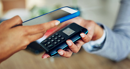 Image showing . Customer tapping phone for mobile nfc payment, digital transaction and money transfer for a quick, cashless and contactless sale in a store. Closeup of quick, easy and convenient retail shopping.