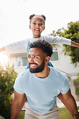 Image showing Piggyback, playful and young father with his child bonding outdoors in the garden at home. Happy male and his daughter enjoying quality time together. Smiling girl and man playing outside in spring.