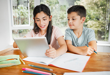 Image showing Kids studying education with digital tablet for online school work or homework together at home. Intelligent distance learning students, children or siblings of brother and sister help with lesson.