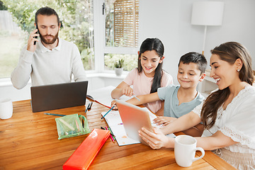 Image showing Kids education, learning and fun activity with mother teaching on tablet at home and father doing remote work in background. A multimedia, modern family enjoying online app or web with internet wifi