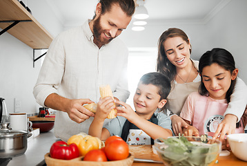 Image showing Healthy dinner, cooking and bonding of a family making and preparing food together in a kitchen. Smiling parents teaching happy young kids how to make a health meal with organic vegetables at home