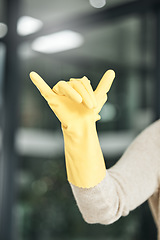 Image showing Call me, hang loose sign and call us hand gesture for cleaning, chores and housework domestic for hire at home. Closeup of calling gestures of a cleaner ready for employment for all house needs.