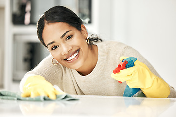 Image showing Cleaning, portrait and maid chores at home or Spring clean. Household maintenance using gloves to wash dirty spot away with joy. Proud person who is happy with housework and good hygiene routine.