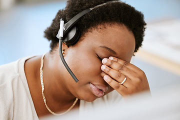 Image showing Stress, tired and headache with a call center agent feeling pressure and anxiety while working in a demanding office. Overworked, exhausted consultant mentally frustrated with burnout and depression