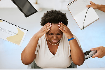 Image showing Stressed, depressed and frustrated black entrepreneur with overworked, suffer from burnout, anxiety and headache. Business woman struggle with work overload chaos, fail to meet deadlines.