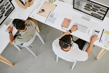 Image showing Call center agents, customer support and insurance consulting service employees helping clients top view. Colleagues wearing headsets talking to clients about us a company about our quality services