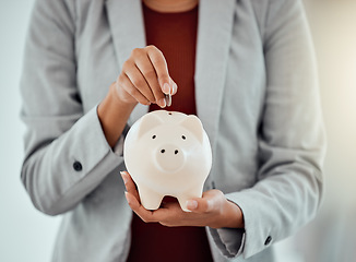 Image showing Banking, finance and money in piggybank for savings, investment and growth for business woman. Closeup of hands of a corporate professional putting coins into a tool to save, insurance and security