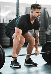 Image showing Fit, active and strong man with barbell weight for lifting in gym workout, exercise and training. Serious, motivated and sporty athlete building muscle, cardio health and endurance in wellness centre