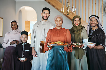 Image showing Portrait of a happy, smiling and positive muslim family celebrating Ramadan together, spending the day embracing religious holiday. Islamic siblings gathering for lunch in their family house