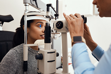 Image showing Eye test, exam or screening with an ophthalmoscope and an optometrist or optician in the optometry industry. Young woman getting her eyes tested for prescription glasses or contact lenses for vision