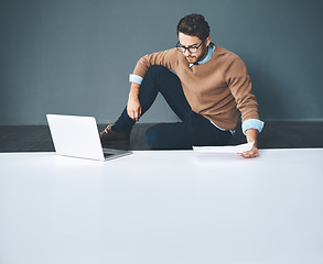 Image showing Copyspace, planning and innovation on a laptop, while doing research and thinking of vision and mission for a startup. Serious entrepreneur waiting on a reply after sending a business proposal