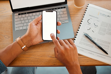 Image showing Phone, networking and communication with the hands of a business woman typing or texting while sitting at her desk in the office. Marketing, advertising and touchscreen technology at work from above