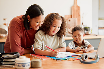 Image showing Mother teaching, learning and education with child studying, doing homework or writing in book during an at home lesson or homeschooling. Daughter in early childhood development enjoying fun activity