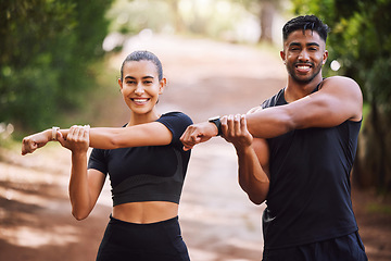 Image showing Fit, active and athletic couple stretching, getting ready and preparing for workout, exercise and training. Portrait of smiling, sporty and healthy man and woman in nature park, forest and garden