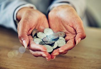 Image showing . Money, coins and change of wealthy hands of an investor in business holding finance. Financial, savings or investment for startup growth, accountant planning for future finances, insurance or tax.