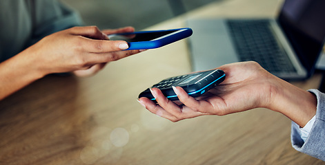 Image showing Banking, buying and paying with phone by scanning chip on checkout, wireless and ecommerce machine. Closeup hands of business women purchasing, transacting with digital money and investing in credit