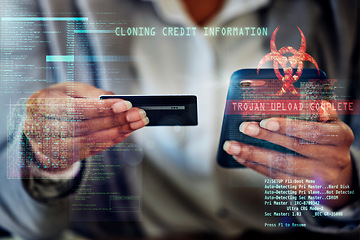 Image showing . Cyber, digital and virus of criminal fraud breaking security with trojan and cloning software. Hands of an individual with malicious intent to steal, banking and finance information for ecommerce.