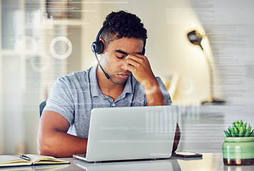 Image showing . Tired, stressed and exhausted finance customer support agent on laptop over graphs, ui and analysis. Overworked, burnout and headache of a man in stress working remote in his office at home.