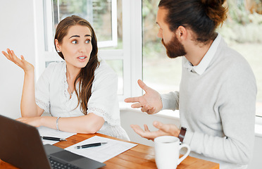 Image showing Unhappy, worried and confused couple with idk expression for finance, budget or home loan looking at online bank statement, paper or document. Man and woman with problem talking of bad financial debt