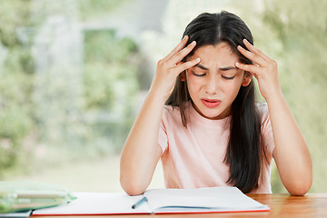 Image showing Stress, anxiety and worry with a little girl struggling with her studies, education and learning at home. Confused, frustrated and upset student having trouble with homework and difficult study