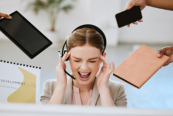 Image showing Stress, burnout and overloaded woman at work in a modern office. Female contact centre agent overwhelmed with all the work from her call center colleagues with anxiety and headache in the workplace.