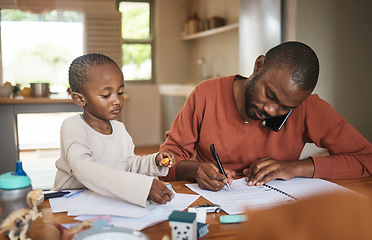 Image showing Busy, working and multitasking father talking on phone, writing on paperwork and networking single dad sits with son. Adorable, little and cute boy playing while freelancer parent works from home