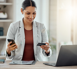 Image showing Ecommerce, online shopping and credit card of happy woman doing secure banking on phone using digital ebank app or website. Smiling shopaholic doing safe financial transaction on cellphone at office