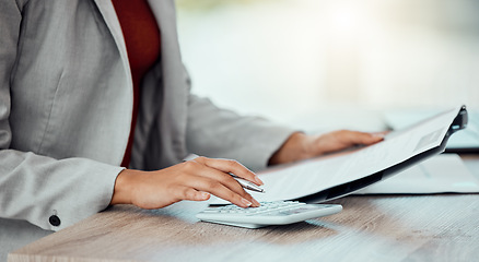 Image showing Closeup of auditor, banker and business accountant womans hand calculating, planning and doing financial paperwork. A businesswoman managing investment, medical healthcare and insurance payments