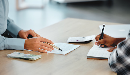 Image showing Closeup of a team of finance employees calculating company business budget, expenses and bills. Professional administration or financial workers working together, planning and writing down a list