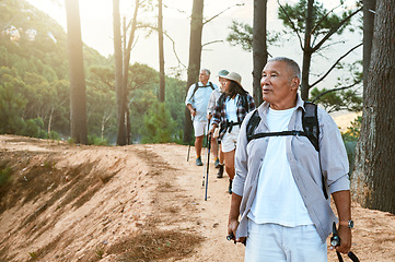 Image showing Hiking, old and adventure seeking Asian man staying active, healthy and fit in twilight years. Tourists or friends travel doing recreation exercise and explore nature on wellness getaway or retreat