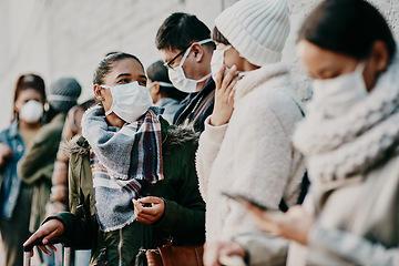 Image showing Travel restriction, Covid and face mask requirement for protection. Illness and public safety problems with commute in crowd. Risk of infection with global sickness or international disease.