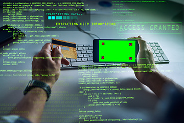 Image showing Hacking credit card with phone, green screen chromakey markers or copy space and sci fi graphic data. Cyberpunk, information technology or software hacker man stealing online or phishing with malware