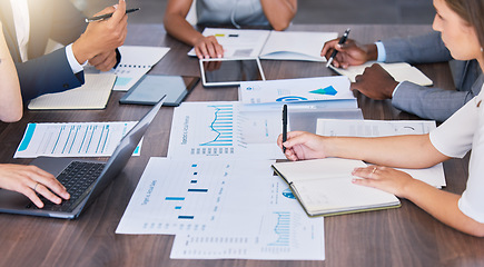 Image showing Sales, budget and finance business people, manager or accountants in meeting planning, analyzing and discussing paper work, charts and graphs data. An accounting company working on commerce analysis